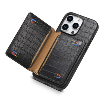 For iPhone 15 Pro Crocodile Texture Case Back Card Slots Kickstand Phone Cover