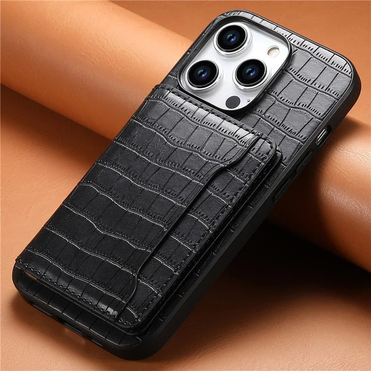 For iPhone 15 Pro Crocodile Texture Case Back Card Slots Kickstand Phone Cover