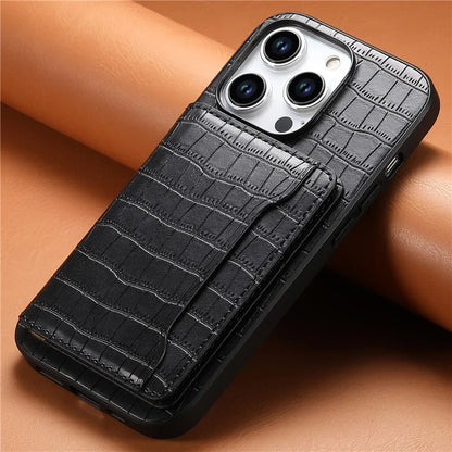 For iPhone 15 Pro Crocodile Texture Case Back Card Slots Kickstand Phone Cover