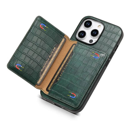 For iPhone 15 Pro Crocodile Texture Case Back Card Slots Kickstand Phone Cover