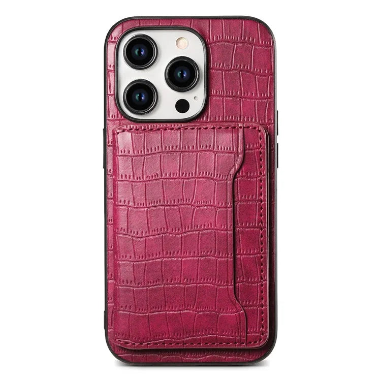 For iPhone 15 Pro Crocodile Texture Case Back Card Slots Kickstand Phone Cover