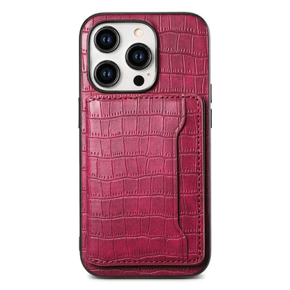 For iPhone 15 Pro Crocodile Texture Case Back Card Slots Kickstand Phone Cover