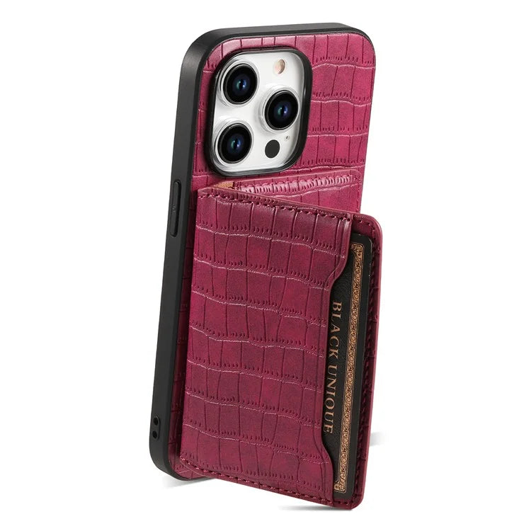 For iPhone 15 Pro Crocodile Texture Case Back Card Slots Kickstand Phone Cover
