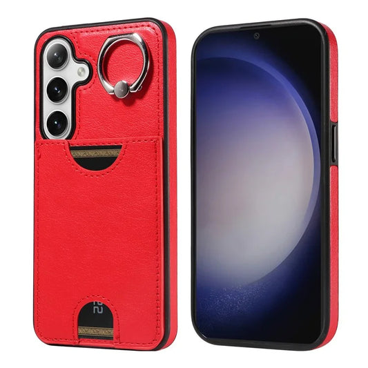006 For Samsung Galaxy S24 Case with Card Slot Calf Texture Phone Cover Ring Holder