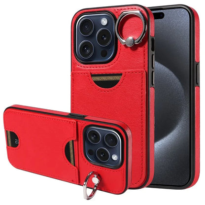 006 For iPhone 15 Pro Case Calf Texture PU TPU Back Cover with Card Slot Ring Grip Holder