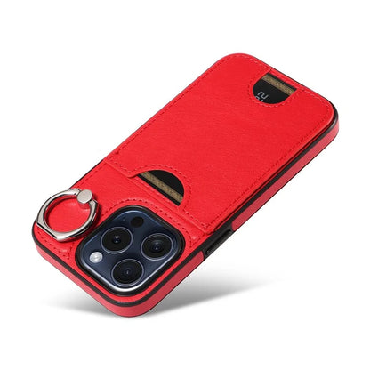 006 For iPhone 15 Pro Case Calf Texture PU TPU Back Cover with Card Slot Ring Grip Holder