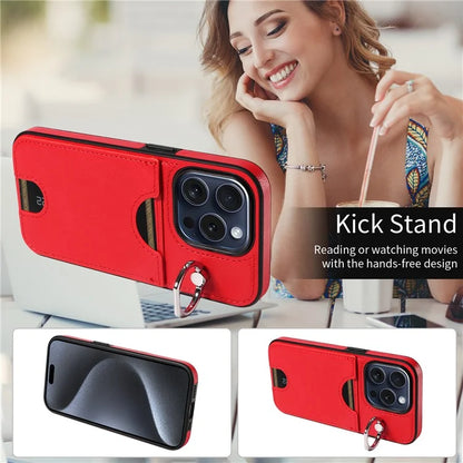 006 For iPhone 15 Pro Case Calf Texture PU TPU Back Cover with Card Slot Ring Grip Holder