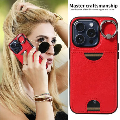 006 For iPhone 15 Pro Case Calf Texture PU TPU Back Cover with Card Slot Ring Grip Holder