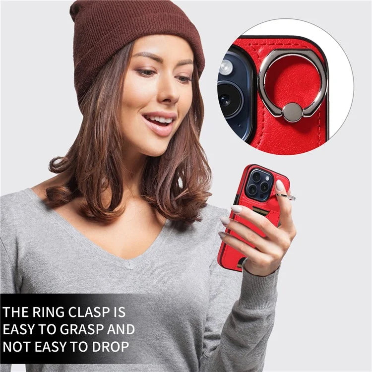 006 For iPhone 15 Pro Case Calf Texture PU TPU Back Cover with Card Slot Ring Grip Holder