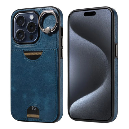 006 For iPhone 15 Pro Case Calf Texture PU TPU Back Cover with Card Slot Ring Grip Holder