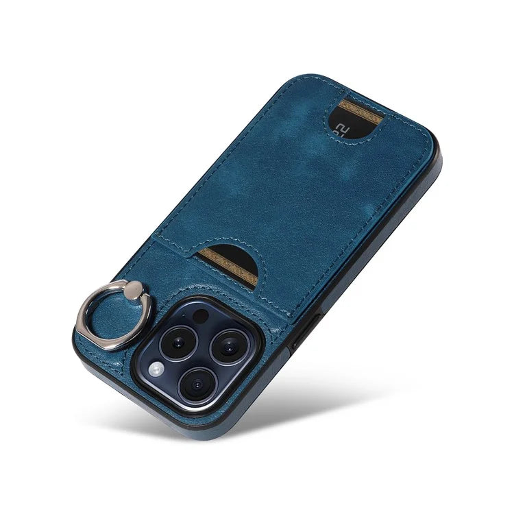 006 For iPhone 15 Pro Case Calf Texture PU TPU Back Cover with Card Slot Ring Grip Holder