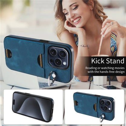 006 For iPhone 15 Pro Case Calf Texture PU TPU Back Cover with Card Slot Ring Grip Holder