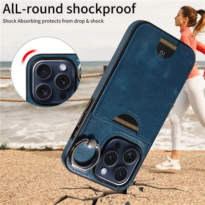 006 For iPhone 15 Pro Case Calf Texture PU TPU Back Cover with Card Slot Ring Grip Holder
