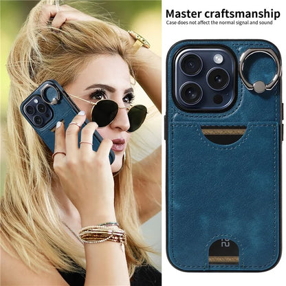 006 For iPhone 15 Pro Case Calf Texture PU TPU Back Cover with Card Slot Ring Grip Holder