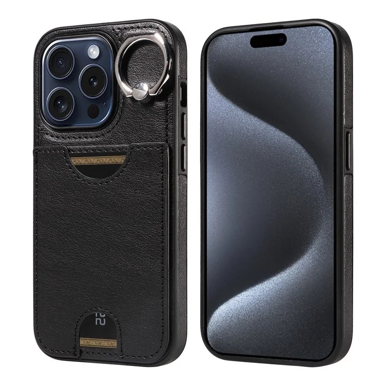 006 For iPhone 15 Pro Case Calf Texture PU TPU Back Cover with Card Slot Ring Grip Holder