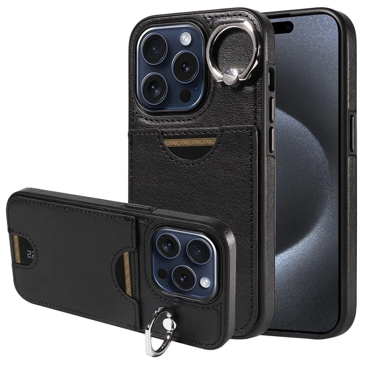 006 For iPhone 15 Pro Case Calf Texture PU TPU Back Cover with Card Slot Ring Grip Holder