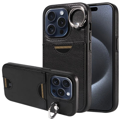 006 For iPhone 15 Pro Case Calf Texture PU TPU Back Cover with Card Slot Ring Grip Holder