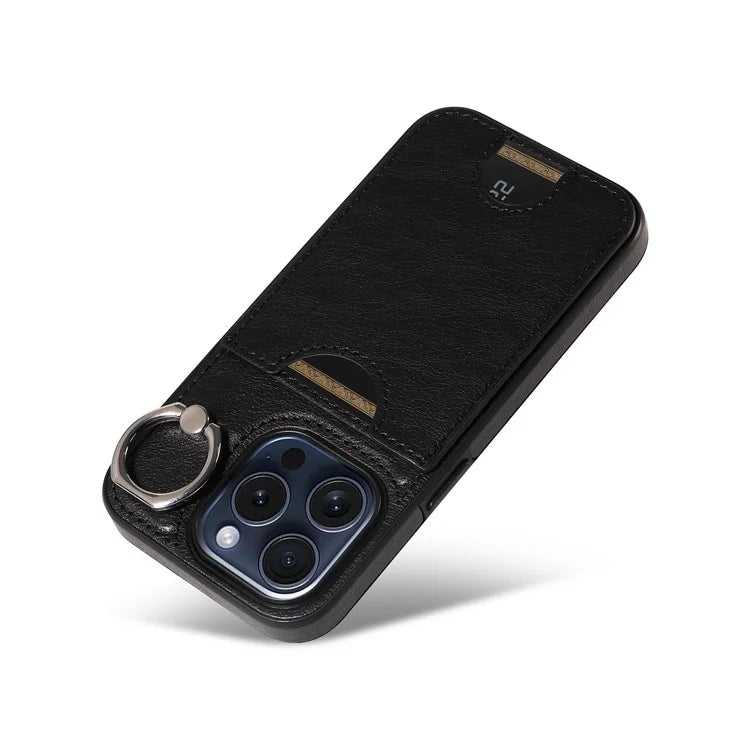 006 For iPhone 15 Pro Case Calf Texture PU TPU Back Cover with Card Slot Ring Grip Holder
