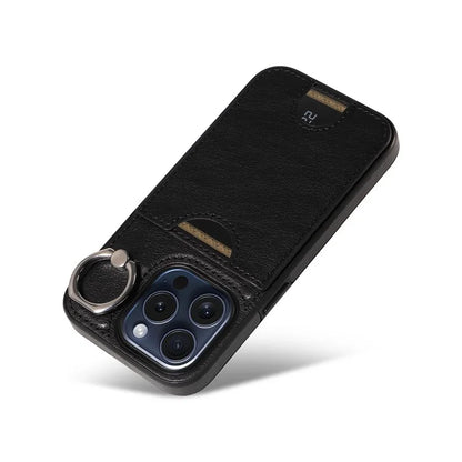 006 For iPhone 15 Pro Case Calf Texture PU TPU Back Cover with Card Slot Ring Grip Holder