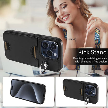 006 For iPhone 15 Pro Case Calf Texture PU TPU Back Cover with Card Slot Ring Grip Holder