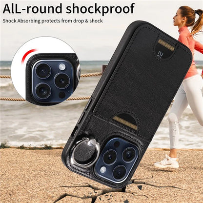 006 For iPhone 15 Pro Case Calf Texture PU TPU Back Cover with Card Slot Ring Grip Holder