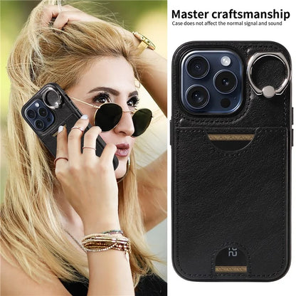 006 For iPhone 15 Pro Case Calf Texture PU TPU Back Cover with Card Slot Ring Grip Holder