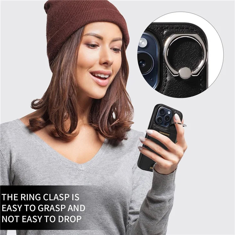 006 For iPhone 15 Pro Case Calf Texture PU TPU Back Cover with Card Slot Ring Grip Holder