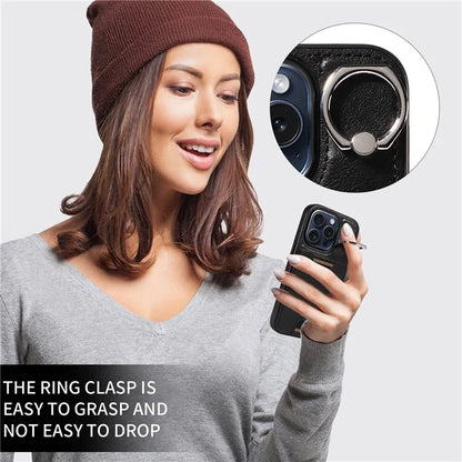 006 For iPhone 15 Pro Case Calf Texture PU TPU Back Cover with Card Slot Ring Grip Holder