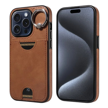 006 For iPhone 15 Pro Case Calf Texture PU TPU Back Cover with Card Slot Ring Grip Holder