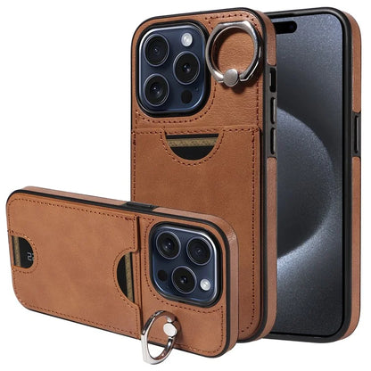006 For iPhone 15 Pro Case Calf Texture PU TPU Back Cover with Card Slot Ring Grip Holder