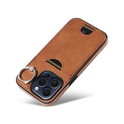 006 For iPhone 15 Pro Case Calf Texture PU TPU Back Cover with Card Slot Ring Grip Holder