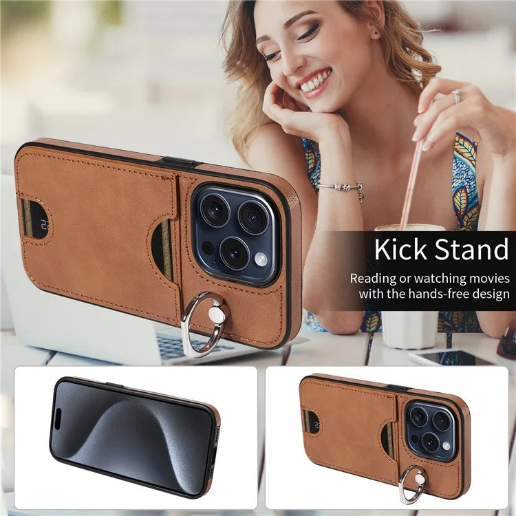 006 For iPhone 15 Pro Case Calf Texture PU TPU Back Cover with Card Slot Ring Grip Holder