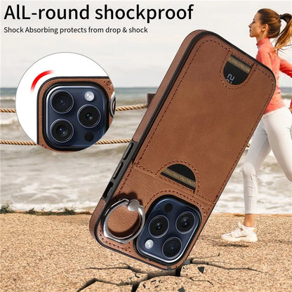 006 For iPhone 15 Pro Case Calf Texture PU TPU Back Cover with Card Slot Ring Grip Holder