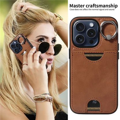 006 For iPhone 15 Pro Case Calf Texture PU TPU Back Cover with Card Slot Ring Grip Holder