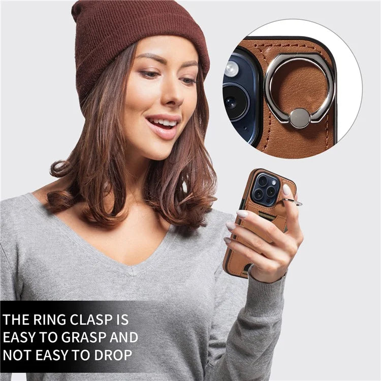 006 For iPhone 15 Pro Case Calf Texture PU TPU Back Cover with Card Slot Ring Grip Holder