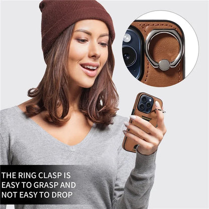 006 For iPhone 15 Pro Case Calf Texture PU TPU Back Cover with Card Slot Ring Grip Holder