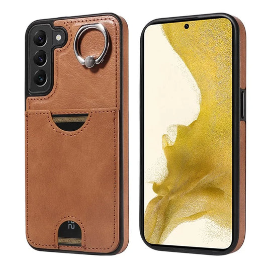 006 For Samsung Galaxy S22+ 5G Case with Ring Holder Card Bag PU TPU Phone Back Cover