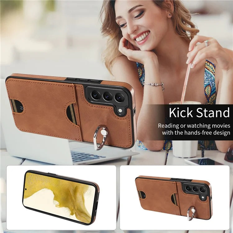 006 For Samsung Galaxy S22+ 5G Case with Ring Holder Card Bag PU TPU Phone Back Cover