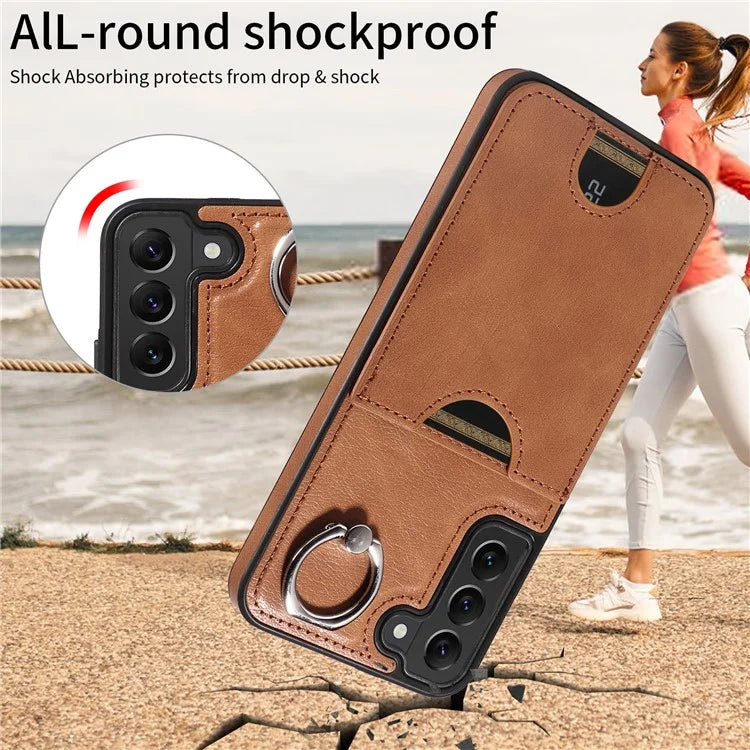 006 For Samsung Galaxy S22+ 5G Case with Ring Holder Card Bag PU TPU Phone Back Cover