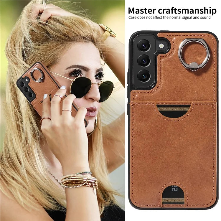 006 For Samsung Galaxy S22+ 5G Case with Ring Holder Card Bag PU TPU Phone Back Cover