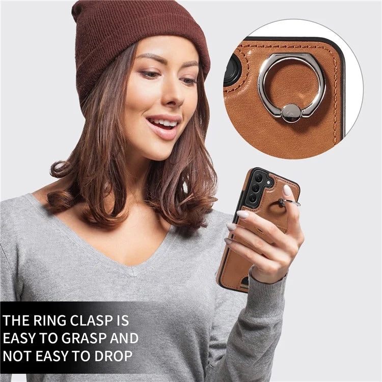 006 For Samsung Galaxy S22+ 5G Case with Ring Holder Card Bag PU TPU Phone Back Cover
