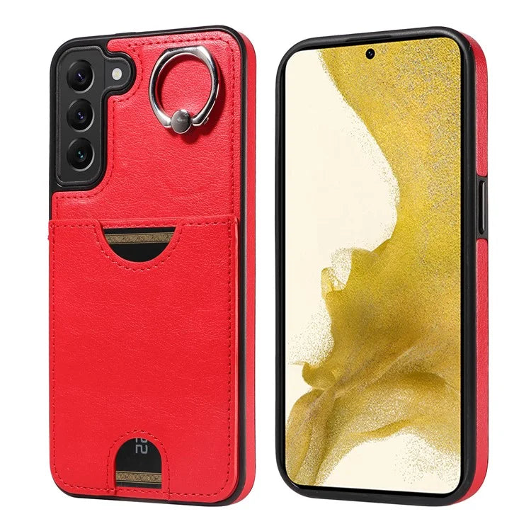006 For Samsung Galaxy S22+ 5G Case with Ring Holder Card Bag PU TPU Phone Back Cover