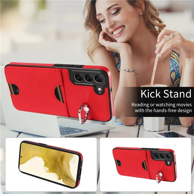 006 For Samsung Galaxy S22+ 5G Case with Ring Holder Card Bag PU TPU Phone Back Cover