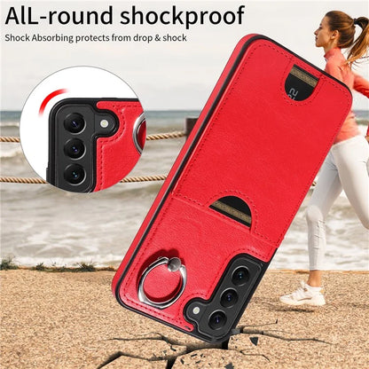 006 For Samsung Galaxy S22+ 5G Case with Ring Holder Card Bag PU TPU Phone Back Cover