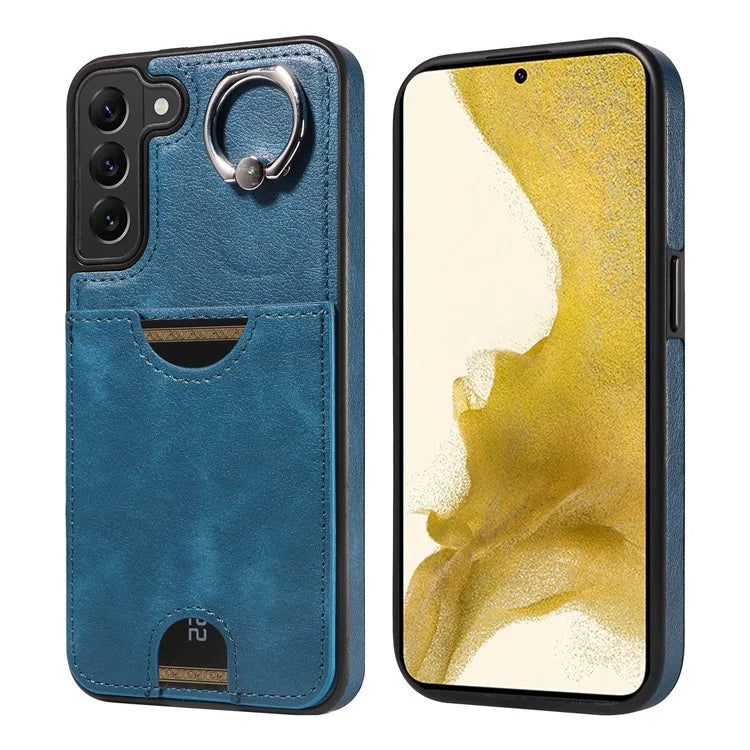 006 For Samsung Galaxy S22+ 5G Case with Ring Holder Card Bag PU TPU Phone Back Cover