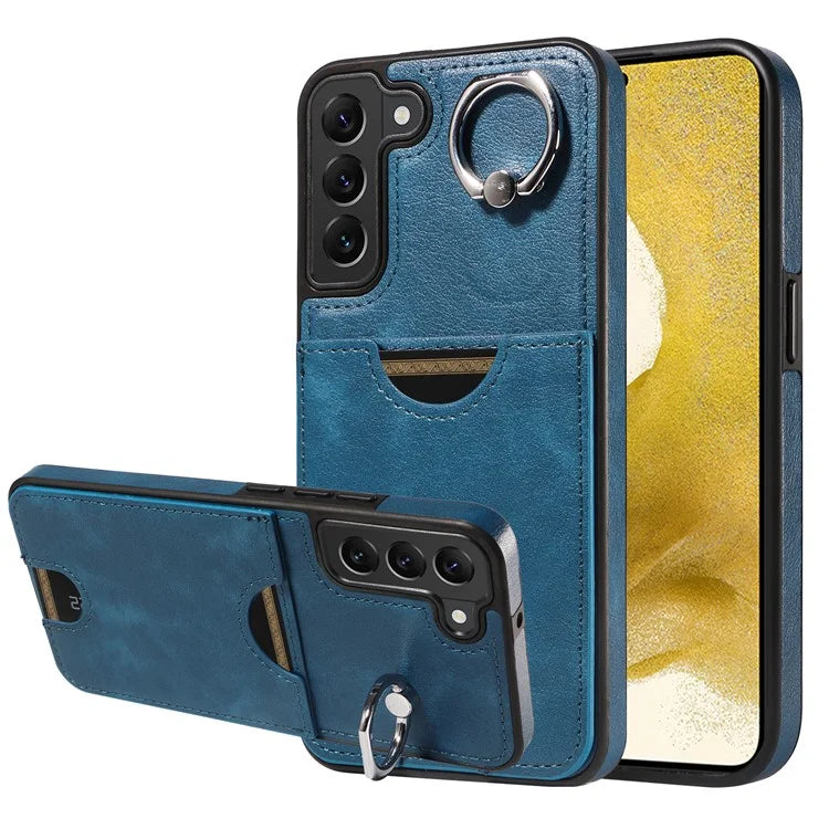 006 For Samsung Galaxy S22+ 5G Case with Ring Holder Card Bag PU TPU Phone Back Cover