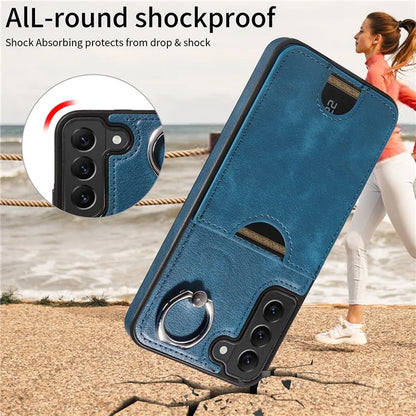 006 For Samsung Galaxy S22+ 5G Case with Ring Holder Card Bag PU TPU Phone Back Cover