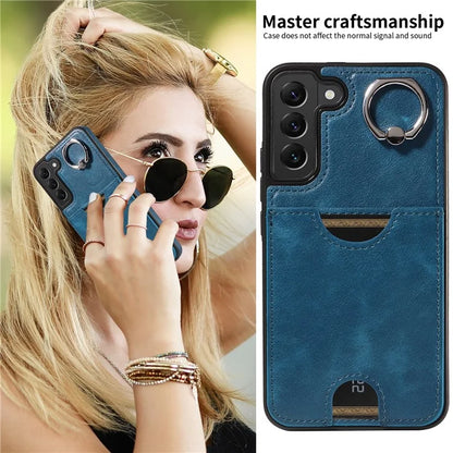 006 For Samsung Galaxy S22+ 5G Case with Ring Holder Card Bag PU TPU Phone Back Cover
