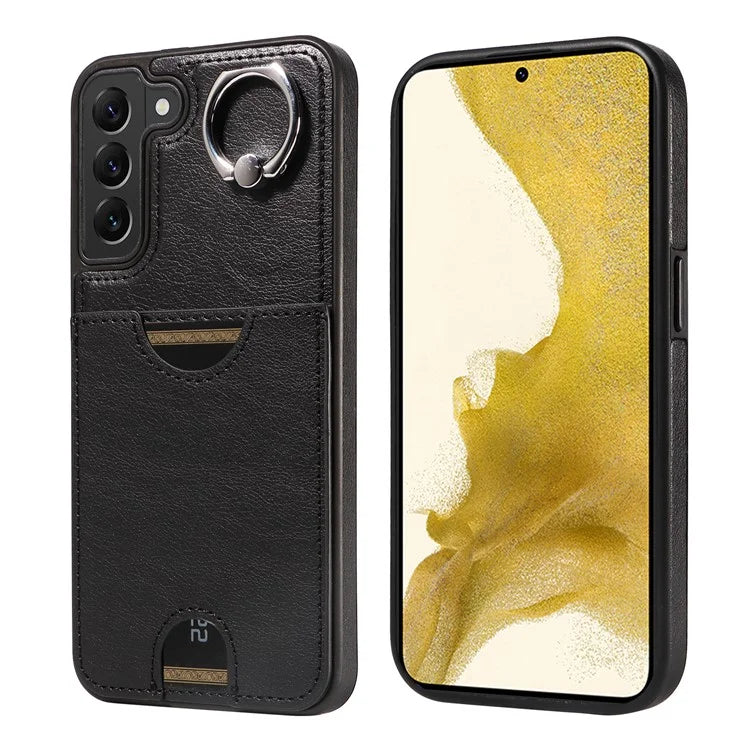 006 For Samsung Galaxy S22+ 5G Case with Ring Holder Card Bag PU TPU Phone Back Cover