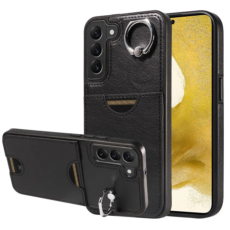 006 For Samsung Galaxy S22+ 5G Case with Ring Holder Card Bag PU TPU Phone Back Cover